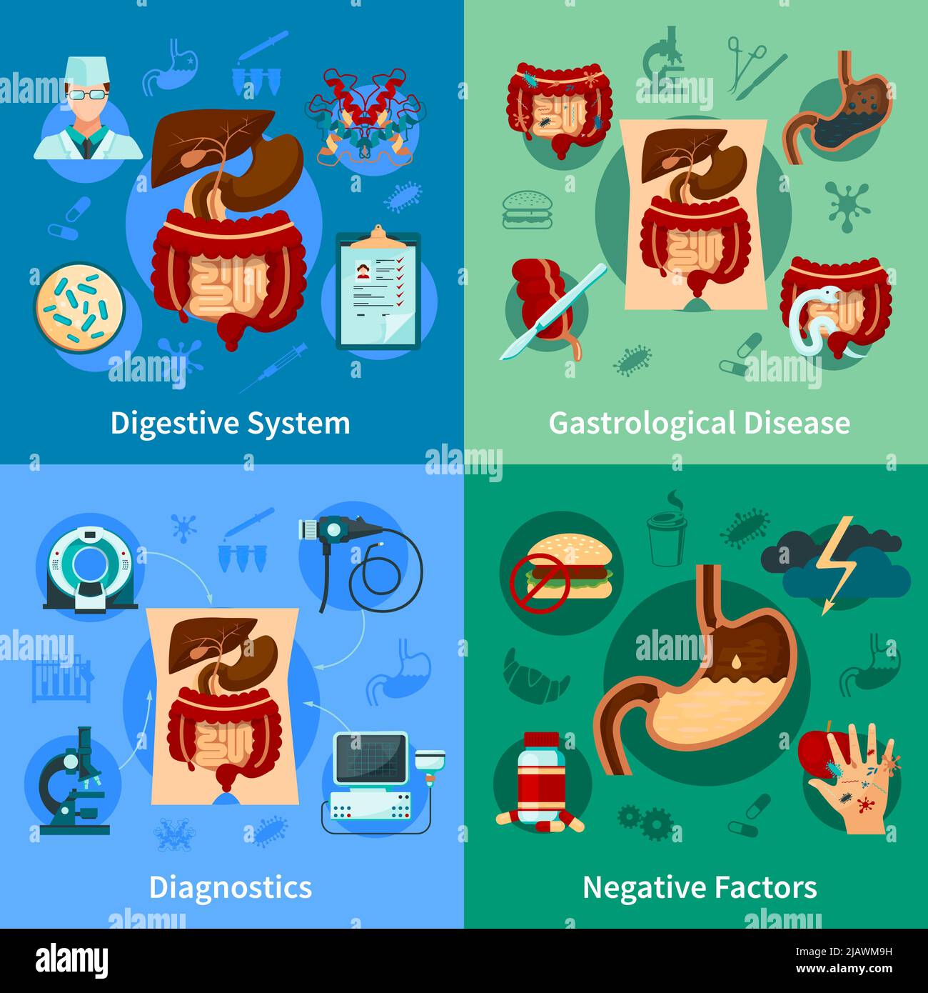 Vier quadratische farbige Verdauungssystem Symbol-Set mit Diagnose gastrologische Krankheit und negative Faktoren Beschreibungen Vektor-Illustration Stock Vektor