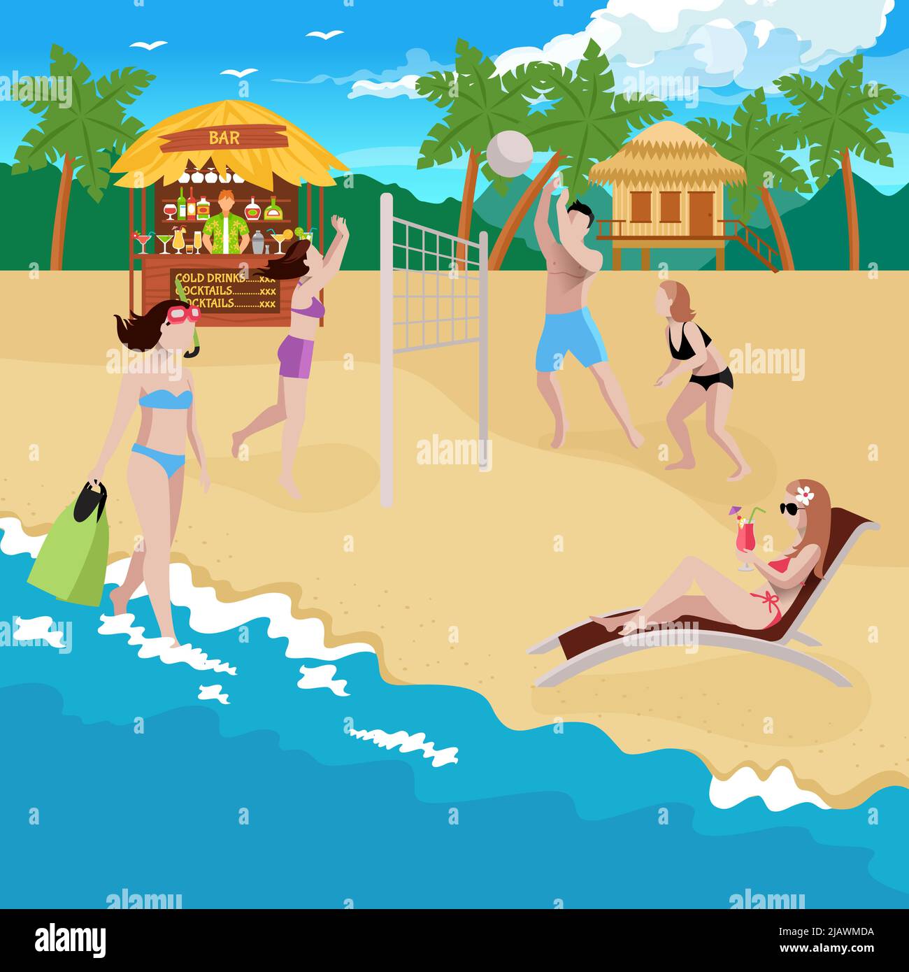 Menschen am Strand Zusammensetzung mit Blick auf die Küste und Sandstrand mit Bar Bungalow und Volleyball Spielplatz Vektor-Illustration Stock Vektor Menschen am Strand Zusammensetzung mit Blick auf die Küste und Sandstrand mit Bar Bungalow und Volleyball Spielplatz Vektor-Illustration Stock Vektor