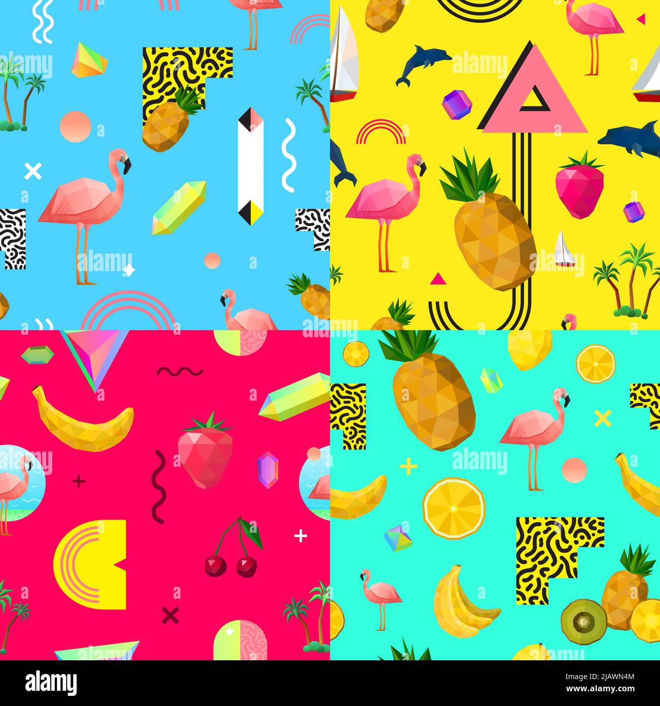 Dekorative nahtlose polygonale Muster 4 Quadrate Komposition mit tropischen Früchten rosa Flamingo und Delphin abstrakten Vektor Illustration Stock Vektor