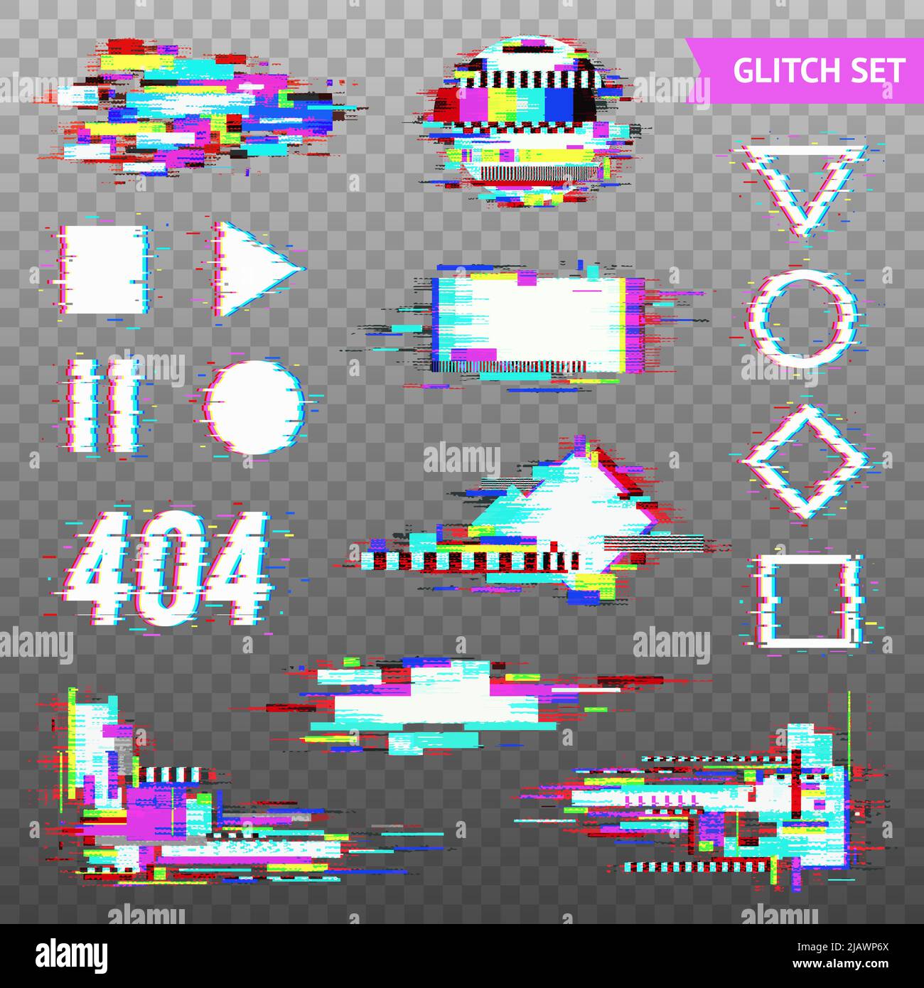 Satz einfacher geometrischer Formen und digitaler Elemente in verzerrtem Glitch-Stil auf transparenter Vektorgrafik im Hintergrund Stock Vektor