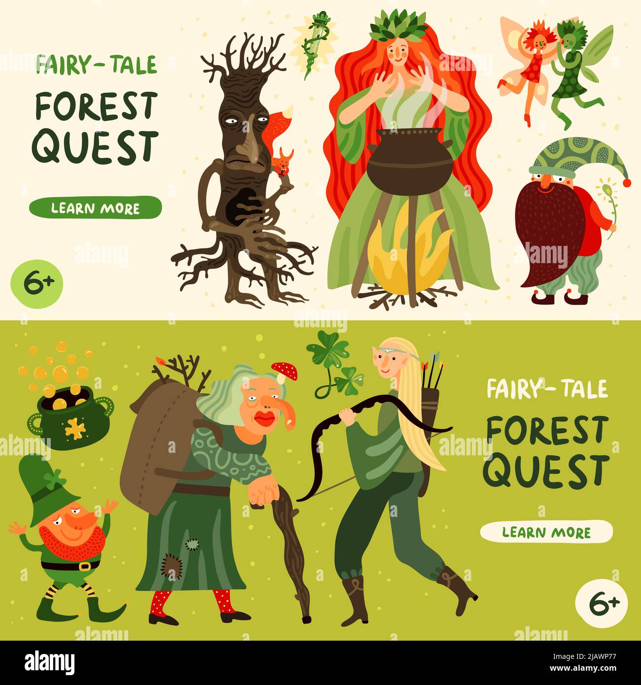 Wald Märchen Zeichen horizontale Banner mit Wald Quest Symbole flach isoliert Vektor-Illustration gesetzt Stock Vektor