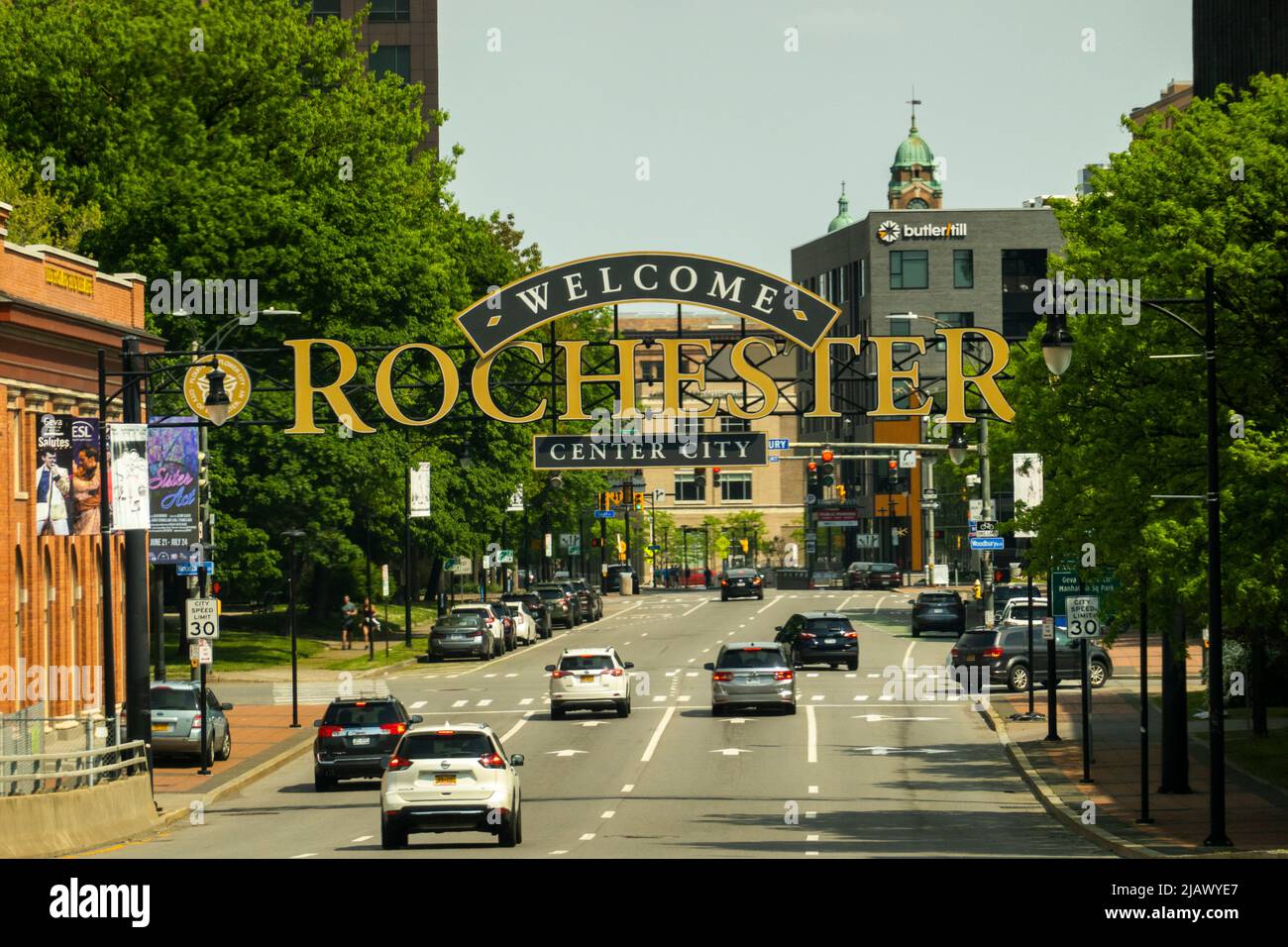 Willkommen bei Rochester New York Schild Stockfoto