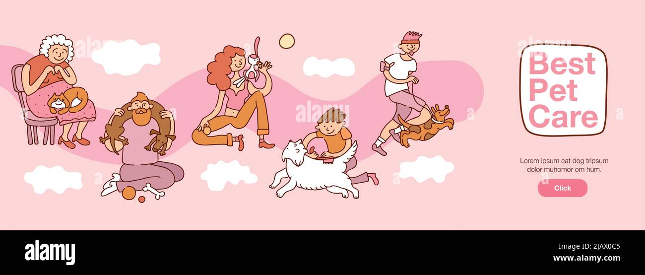 Menschen und Haustiere Interaktion mit besten Haustierpflege Symbole horizontale flache Vektor-Illustration Stock Vektor