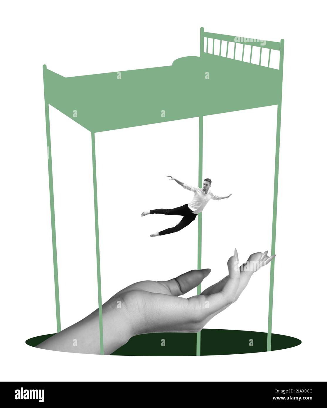 Der Mensch fällt in den Traum, fliegt und steigt in Träumen und in der erfundenen Welt auf. Collage zeitgenössischer Kunst. Inspiration, Idee, Aspiration und Fantasie Stockfoto