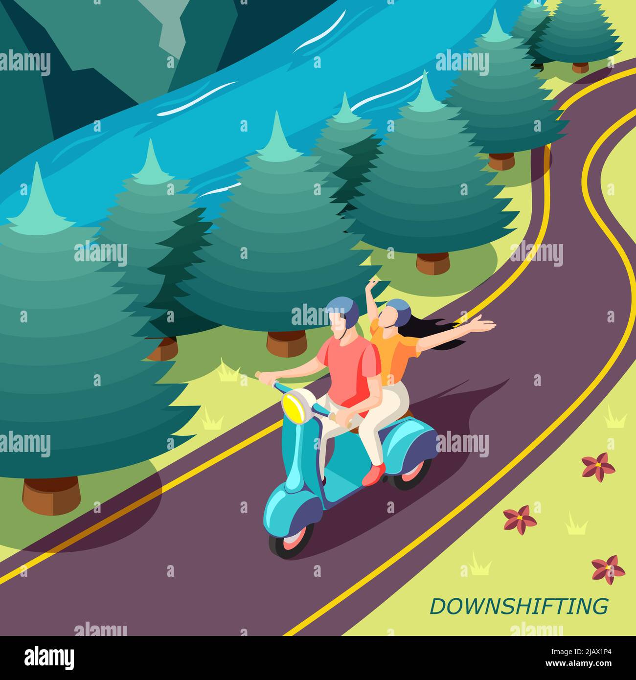 Downshifting Flucht beschäftigt stressigen Leben isometrische Landschaft Hintergrund Poster mit glücklichen Paar auf Motorrad-Vektor-Illustration Stock Vektor