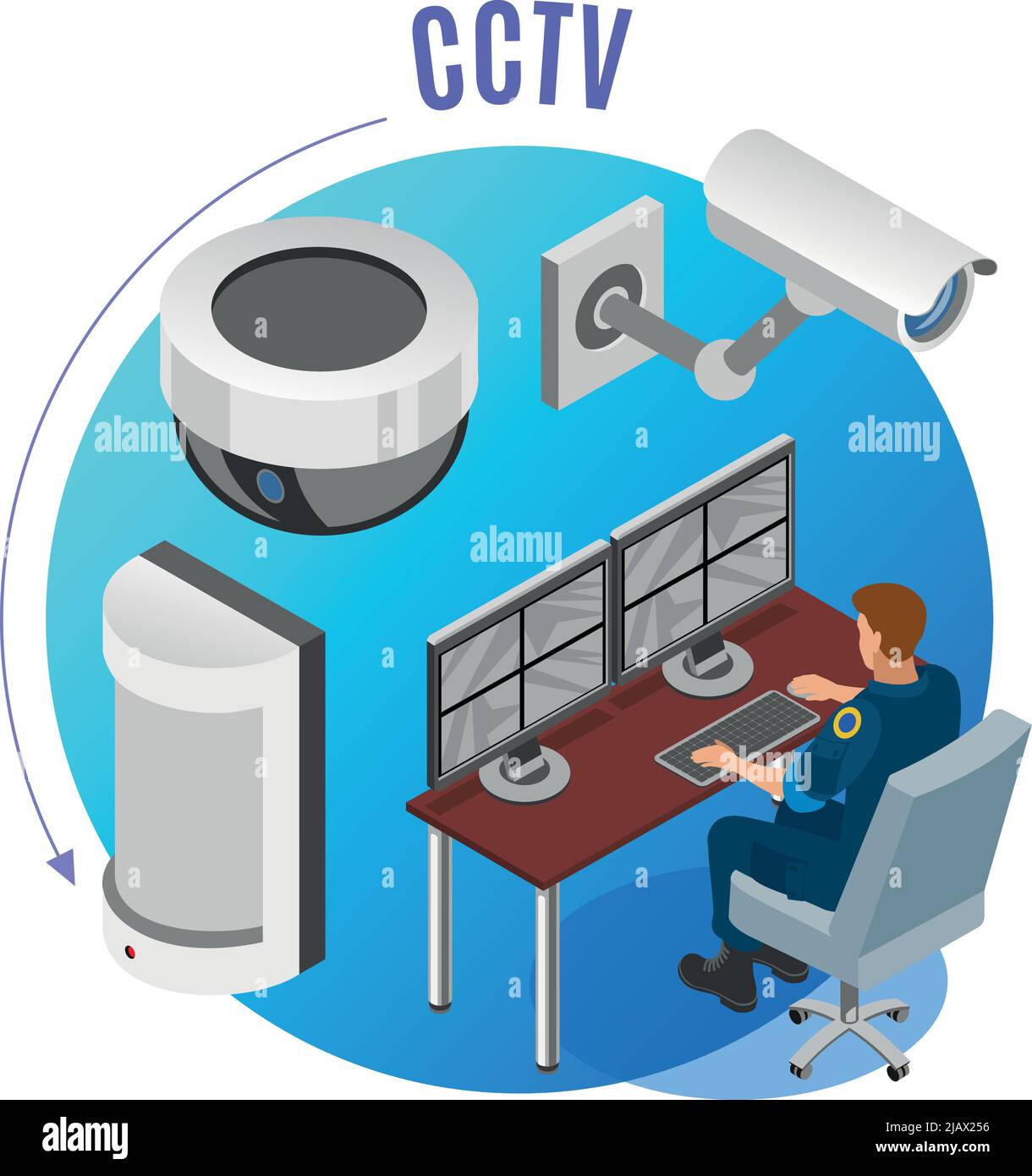 Sicherheitssystem cctv-Kameras Bewegungssensoren Überwachung Überwachungsgeräte Betreiber isometrische Zusammensetzung blau rund Hintergrund Vektor-Illustration Stock Vektor