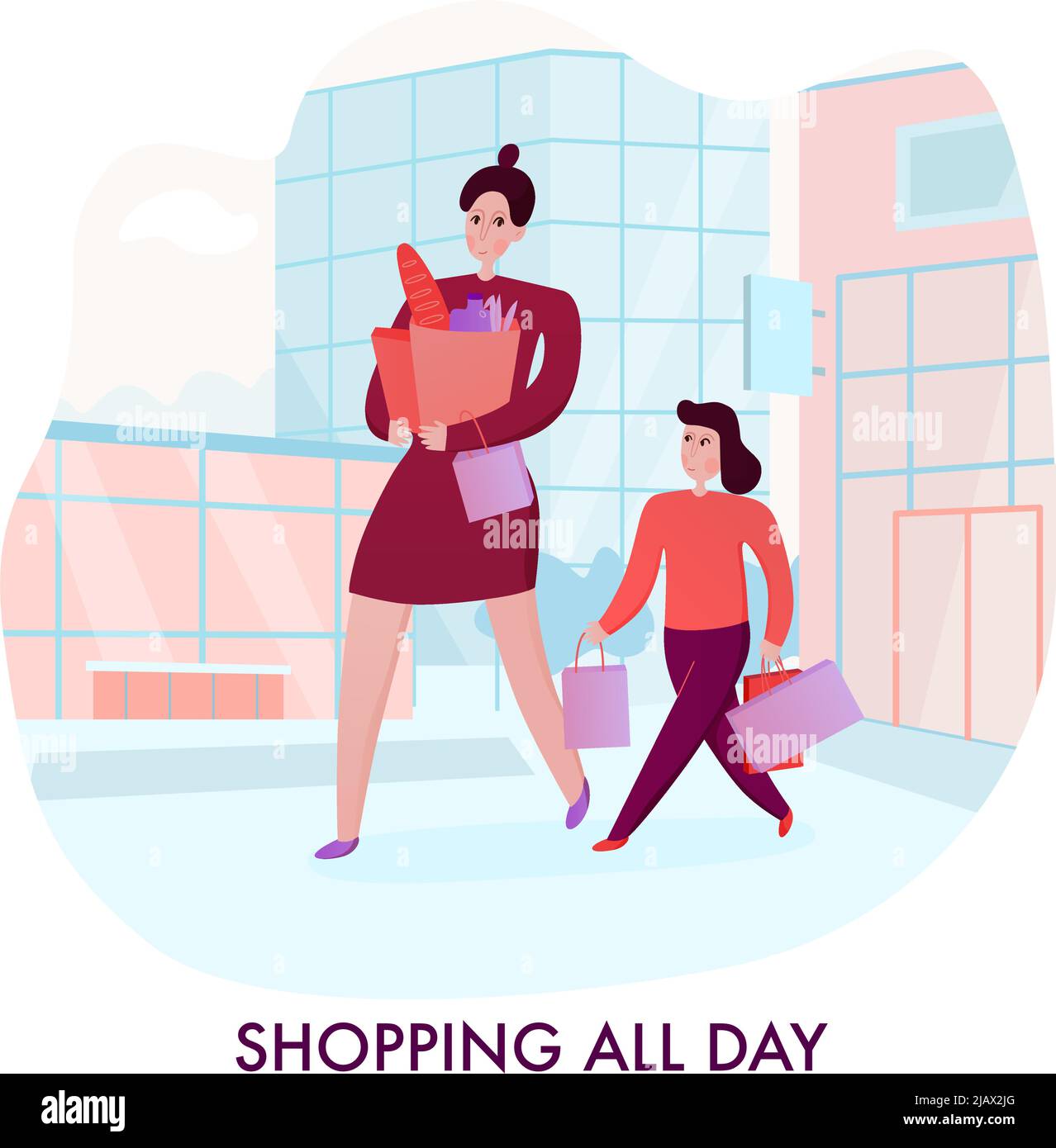 Mutter und Tochter mit Käufen während des Einkaufens auf Stadtgebäuden Hintergrund flache Vektor-Illustration Stock Vektor