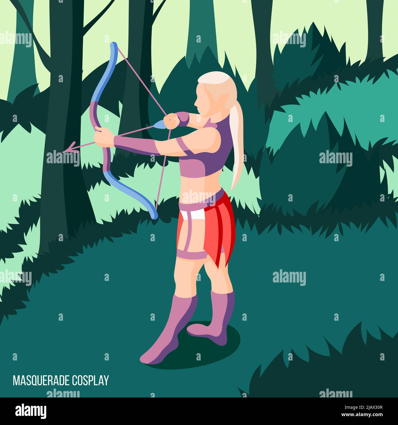 Mädchen trägt Cosplay Elf Kostüm und tun Bogenschießen in Wald isometrischen Hintergrund 3d-Vektor-Illustration Stock Vektor