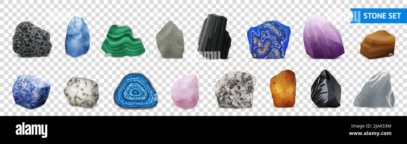 Isoliertes und realistisches Stein transparentes Icon Set mit mehrfarbigen und formbaren Steinen Vektordarstellung Stock Vektor