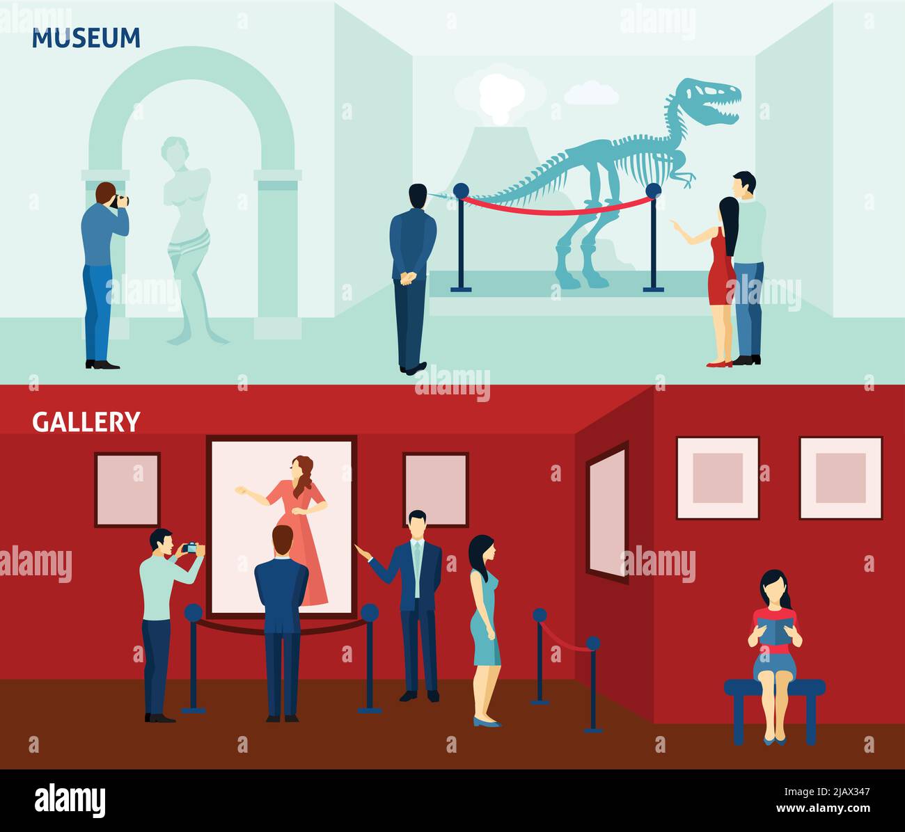 Kunstgalerie Besucher und antikes Museum der Paläontologie 2 flache Banner Komposition Poster abstrakt isoliert Vektor Illustration Stock Vektor