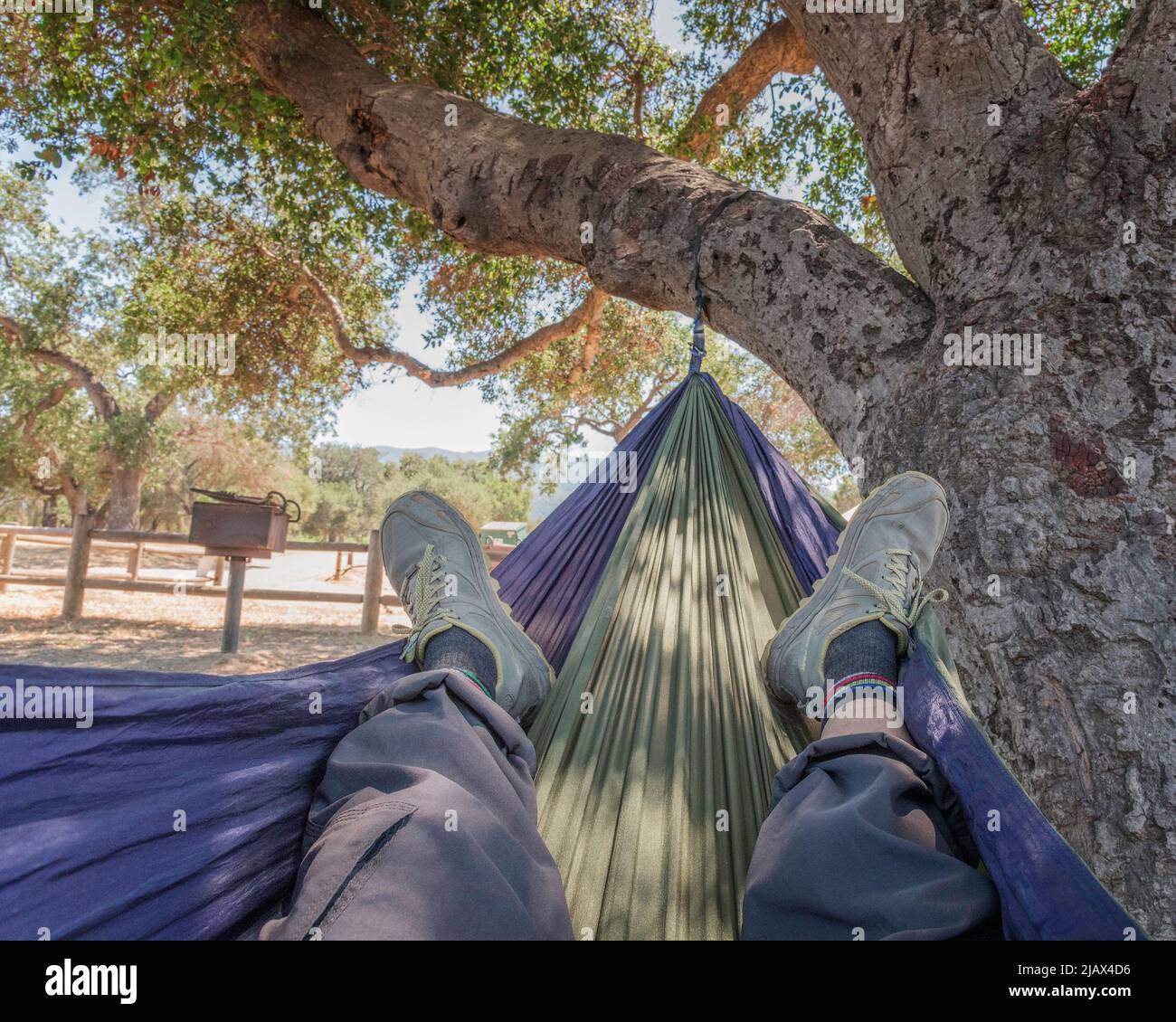 POV-Aufnahme eines Mannes in einer Hängematte, der sich entspannt. Stockfoto