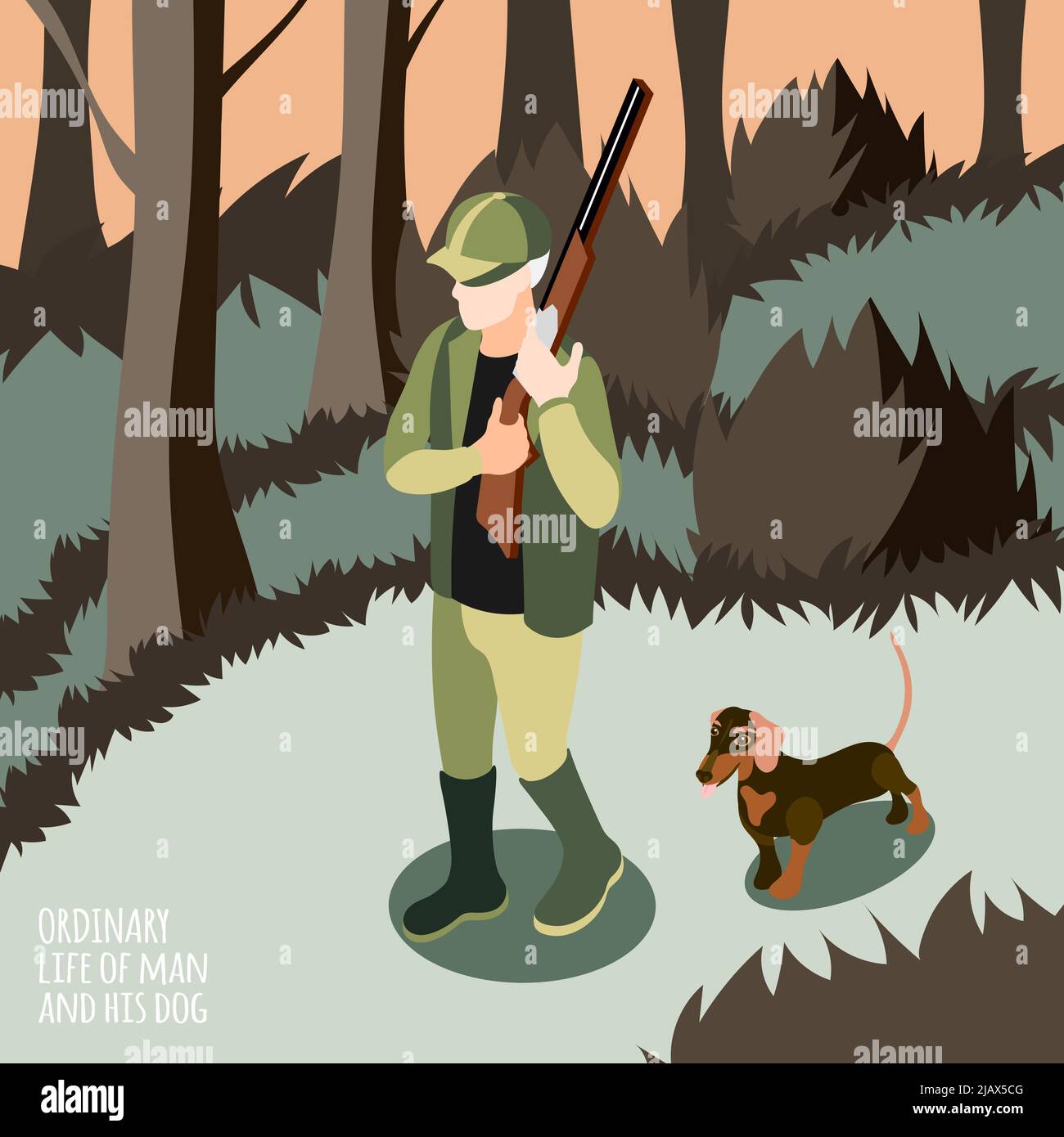 Gewöhnliches Leben des Menschen und seines Hundes isometrischer Hintergrund Mann auf der Jagd mit seinem Hund Vektor-Illustration Stock Vektor