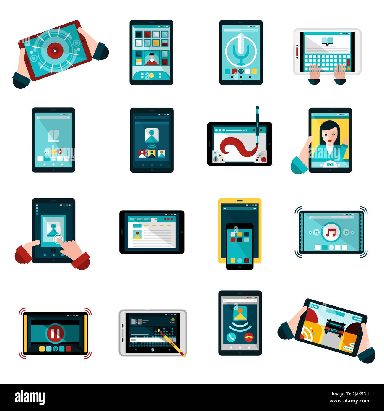 Phablet-Symbole mit Musik-Fotos und Spiele flach isoliert Vektor-Illustration gesetzt Stock Vektor