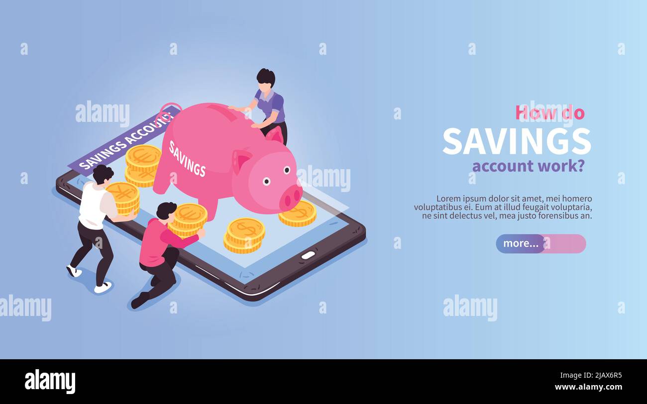 Isometrisches Online-Mobile-Banking horizontale Banner-Komposition mit Bildern von schweinförmigen Still Bank und Smartphone-Vektor-Illustration Stock Vektor