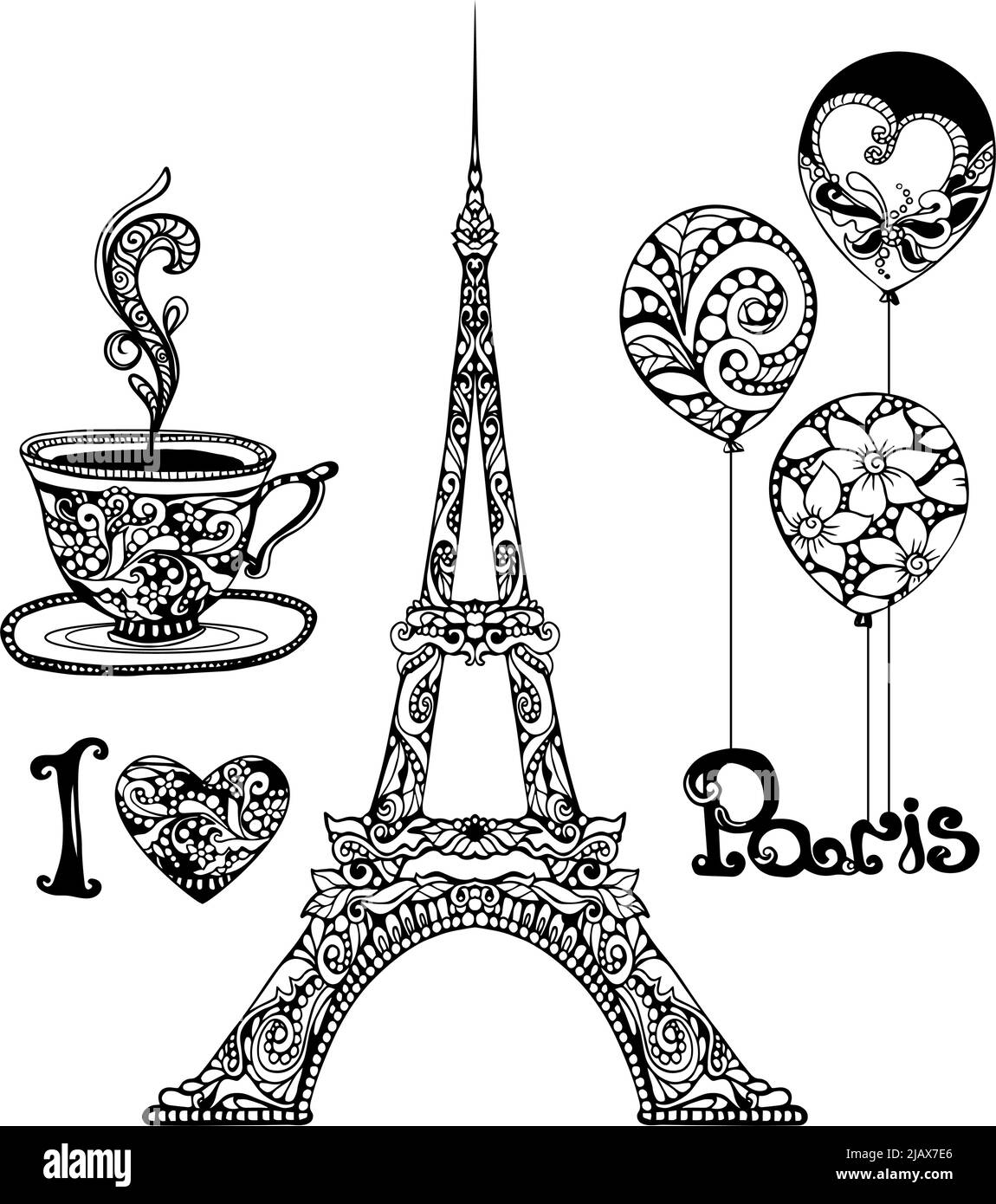 Dekorative Eiffelturm und Paris Urlaub Symbole Set Hand gezeichnet isoliert Vektor-Illustration Stock Vektor