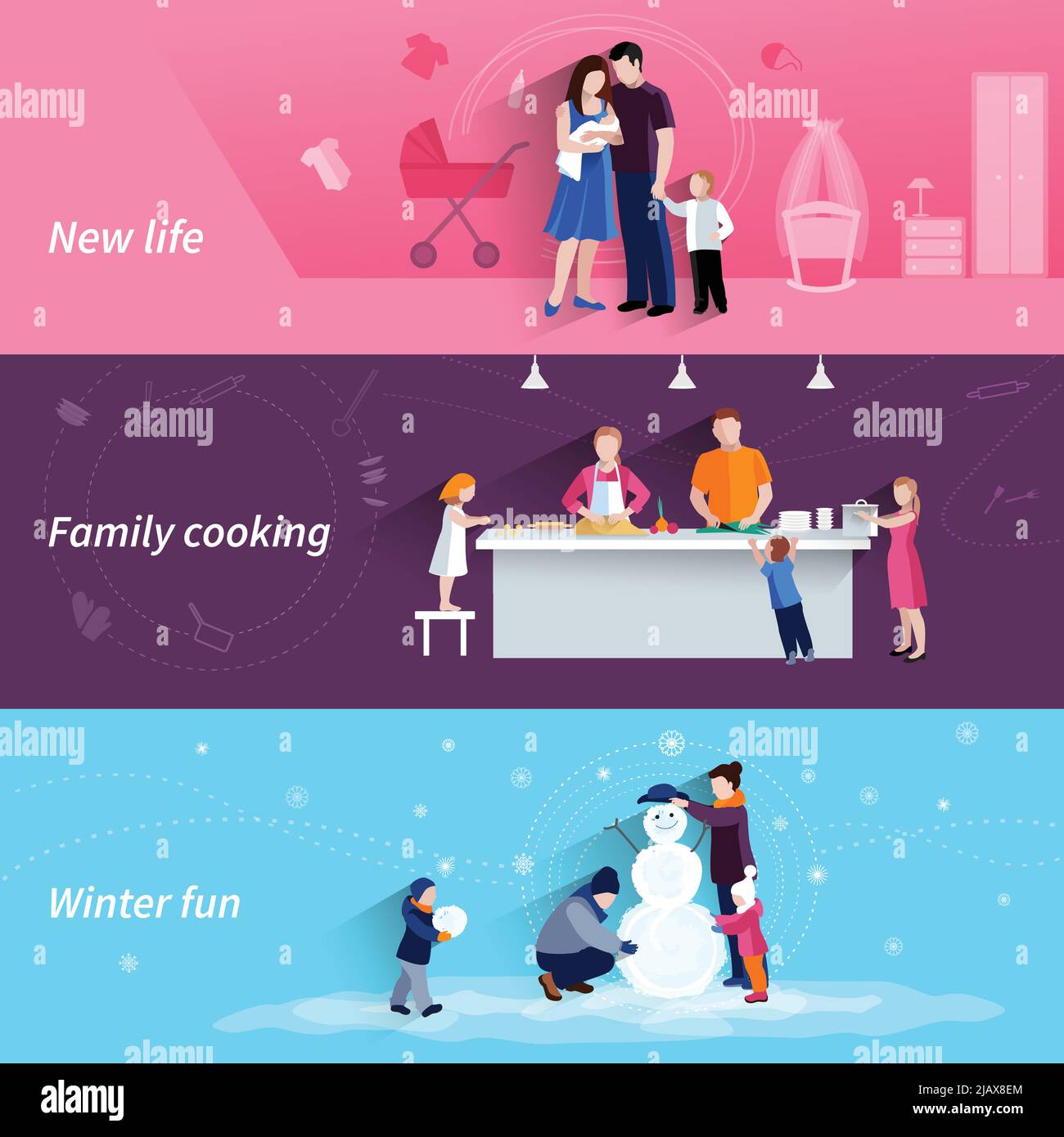 Happy Family Moments 3 flache Banner mit Kochen und Herstellung Schneemann zusammen abstrakt isoliert Vektor-Illustration gesetzt Stock Vektor