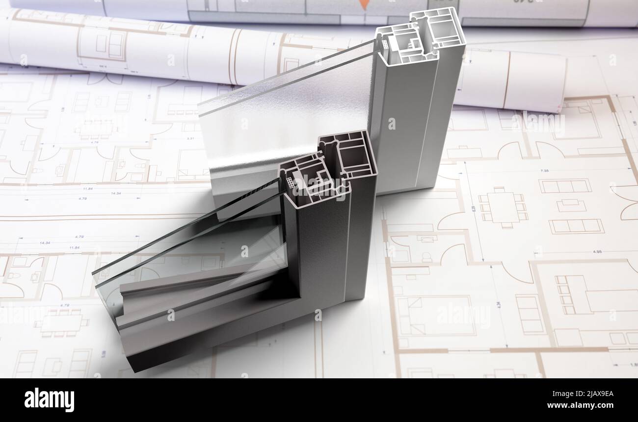 Fenster und Türen aus PVC-Glas, Querschnitt aus Aluminiumprofil, offene und geschlossene Rahmen auf Blaupause-Zeichnung. Herstellung Design Büro. 3D Rendern Stockfoto