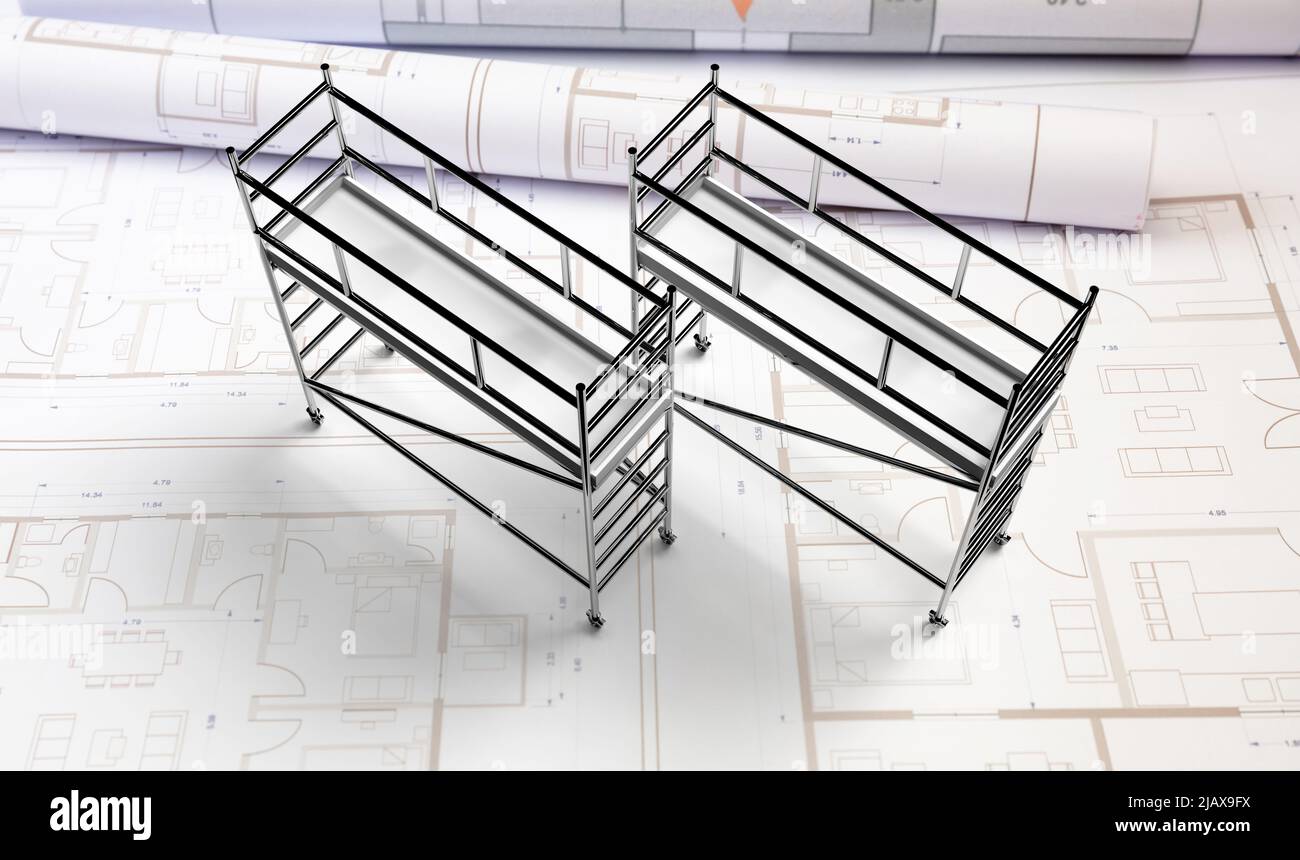 Gerüsttürme auf Projektbauzeichnungen. Gerüststruktur, Metallplattform für Bauarbeiten mit Sicherheit. 3D Rendern Stockfoto