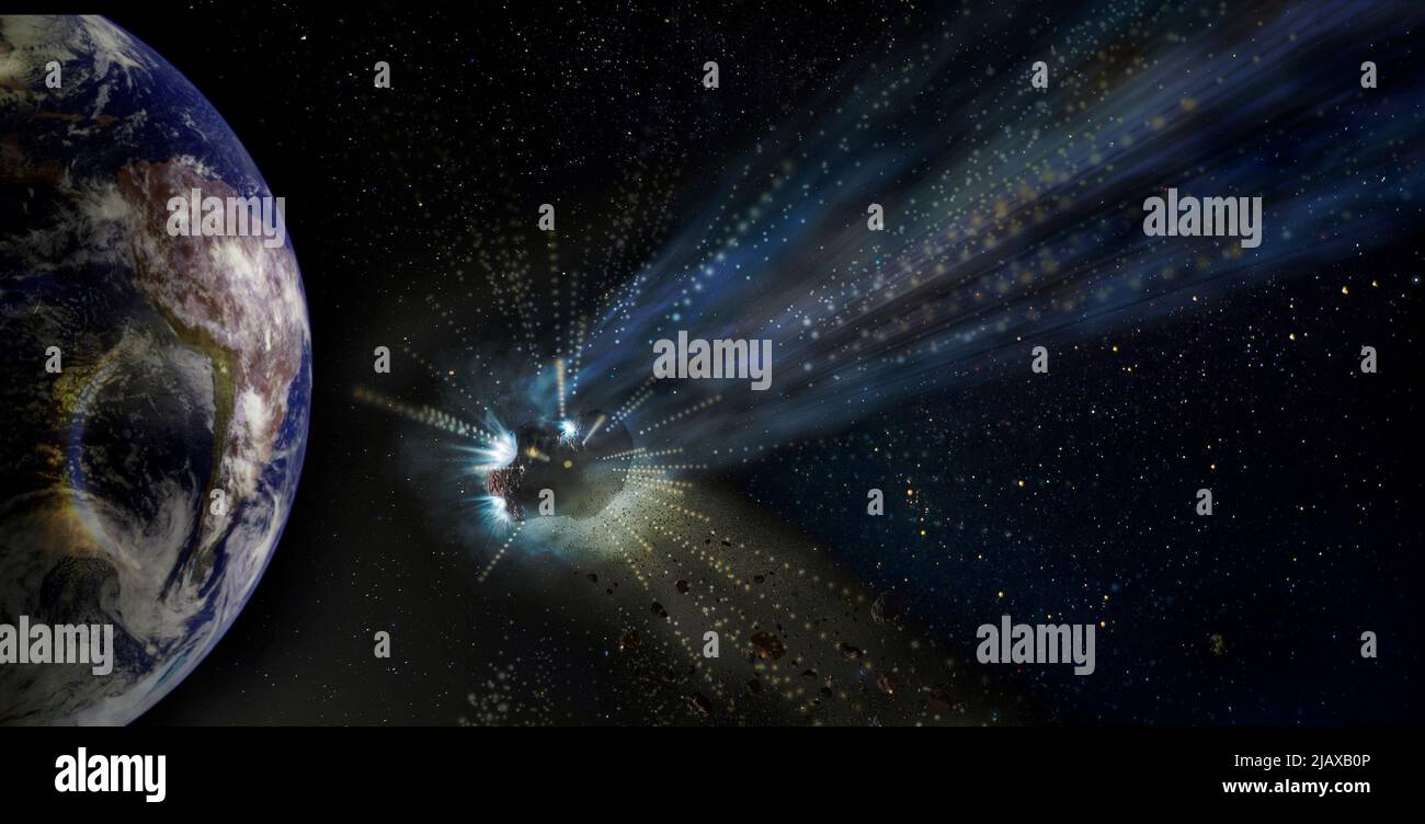 Alien UFO in einem Meteoriten stürzt auf die Erde. Elemente dieses Bildes, die von der NASA eingerichtet wurden. Stockfoto