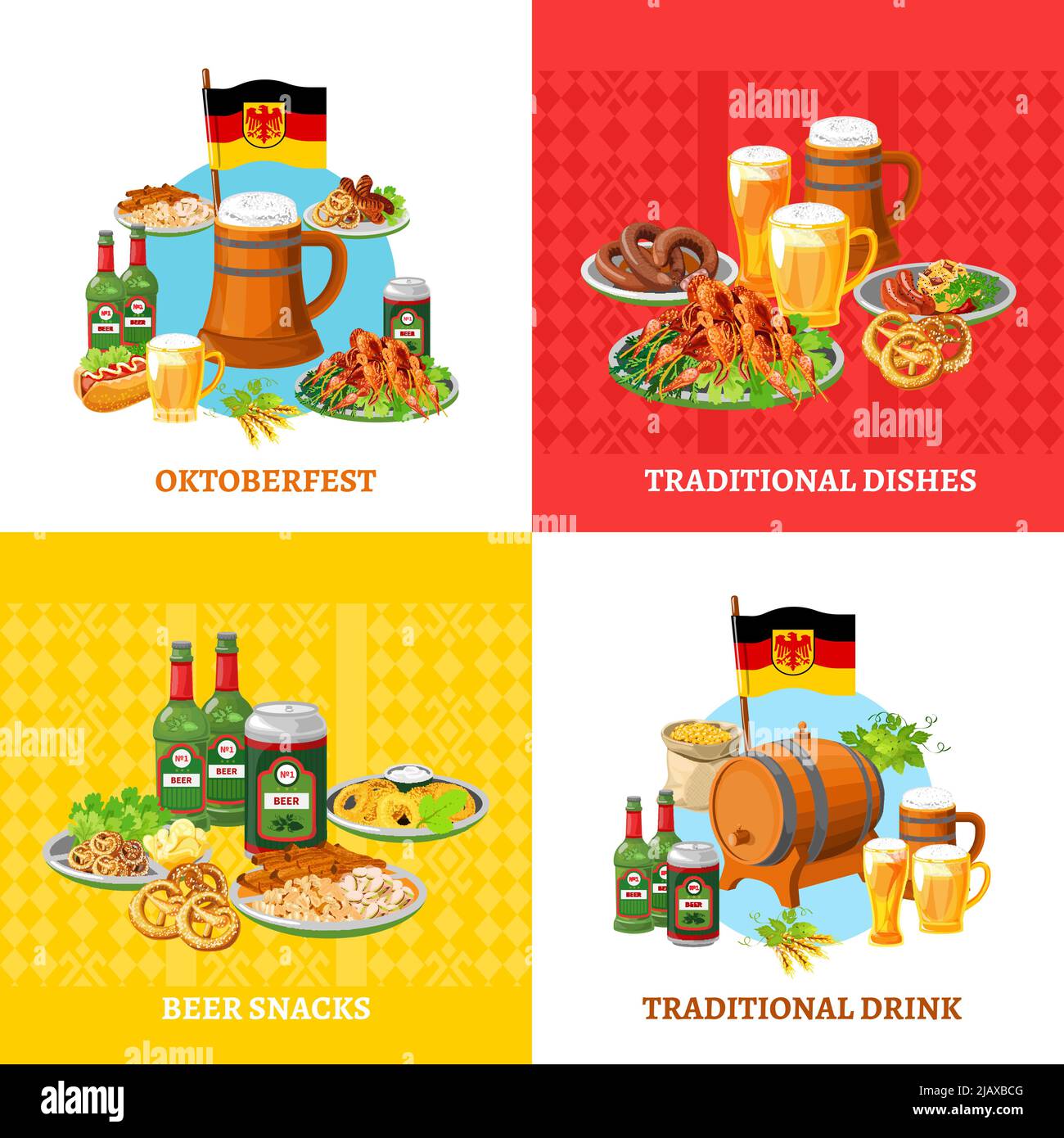 Traditionelles oktoberfest 4 flache Ikonen quadratisches Kompositionsbanner mit Biersnacks abstrakte isolierte Vektordarstellung Stock Vektor