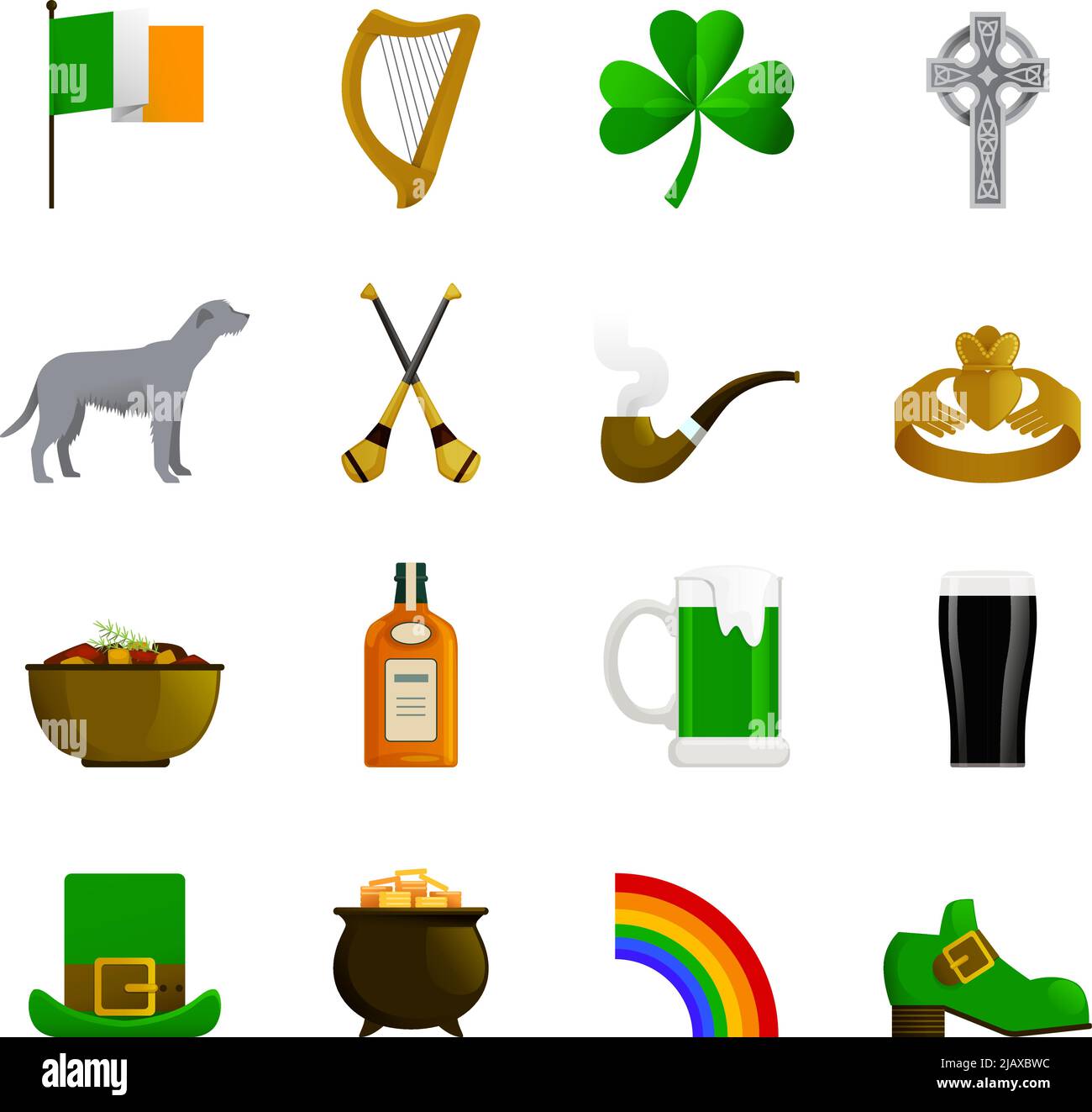 Irland flache dekorative Ikonen mit Kobold grüner Mütze und Regenbogentopf mit goldenem irish Terrier und einer Flasche Whisky Stock Vektor