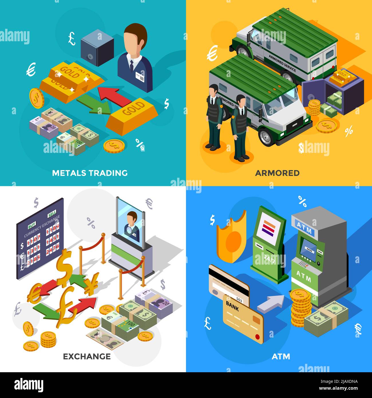 Bank 2x2 isometrisches Design-Konzept mit gepanzerten Lastwagen Geldautomaten Metallhandel und Wechselkurse Kompositionen Vektor-Illustration gesetzt Stock Vektor