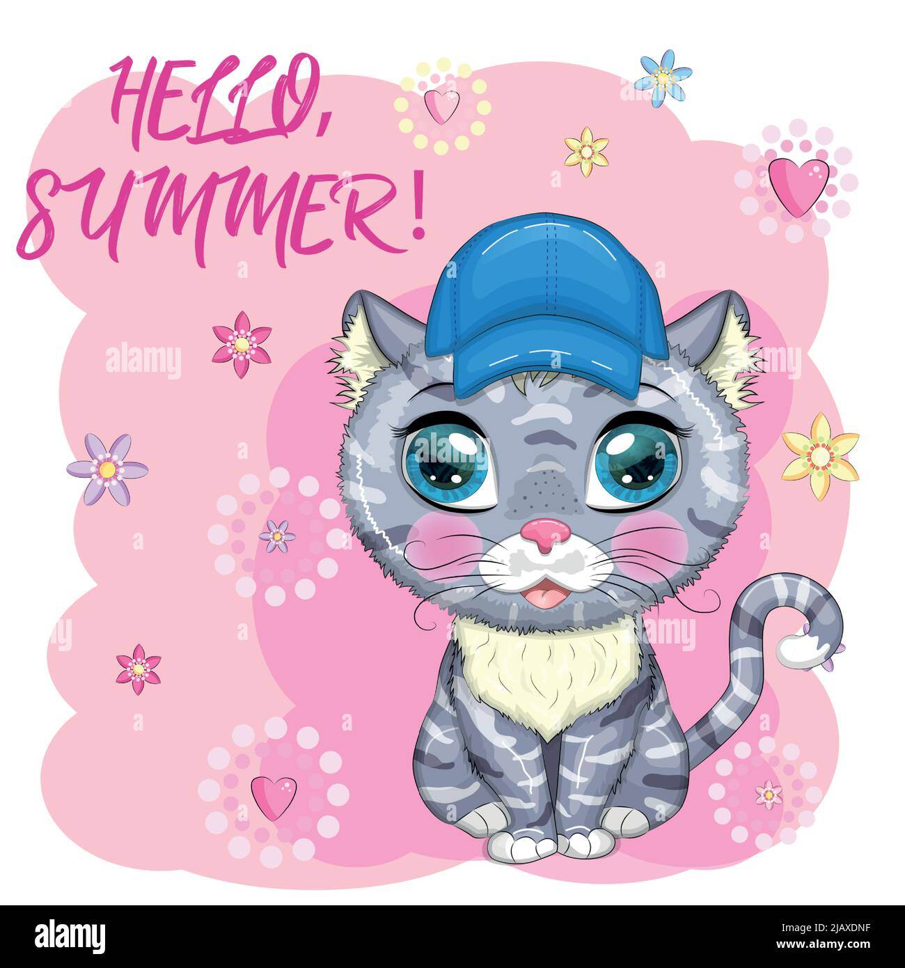 Cartoon-Katze in einem Hut mit Blumen. Sommer, Urlaub. Nettes Kind Charakter, Symbol des neuen chinesischen Jahres 2023. Stock Vektor