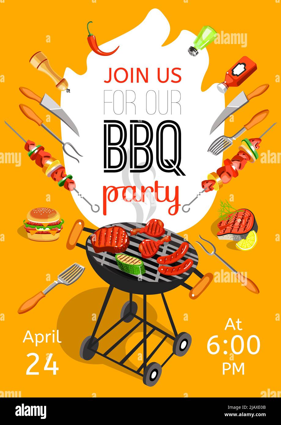 BBQ Saison Eröffnung Party Ankündigung flaches Poster mit Grill Zubehör Veranstaltung Datum und Zeit abstrakte Vektor-Illustration Stock Vektor