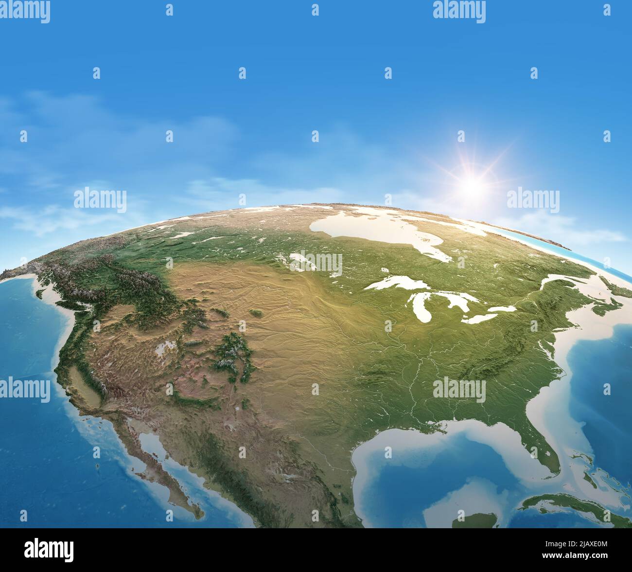 Physische Karte des Planeten Erde, fokussiert auf die USA, Nordamerika. Satelliten-Ansicht, Sonne scheint am Horizont. Von der NASA eingerichtete Elemente Stockfoto