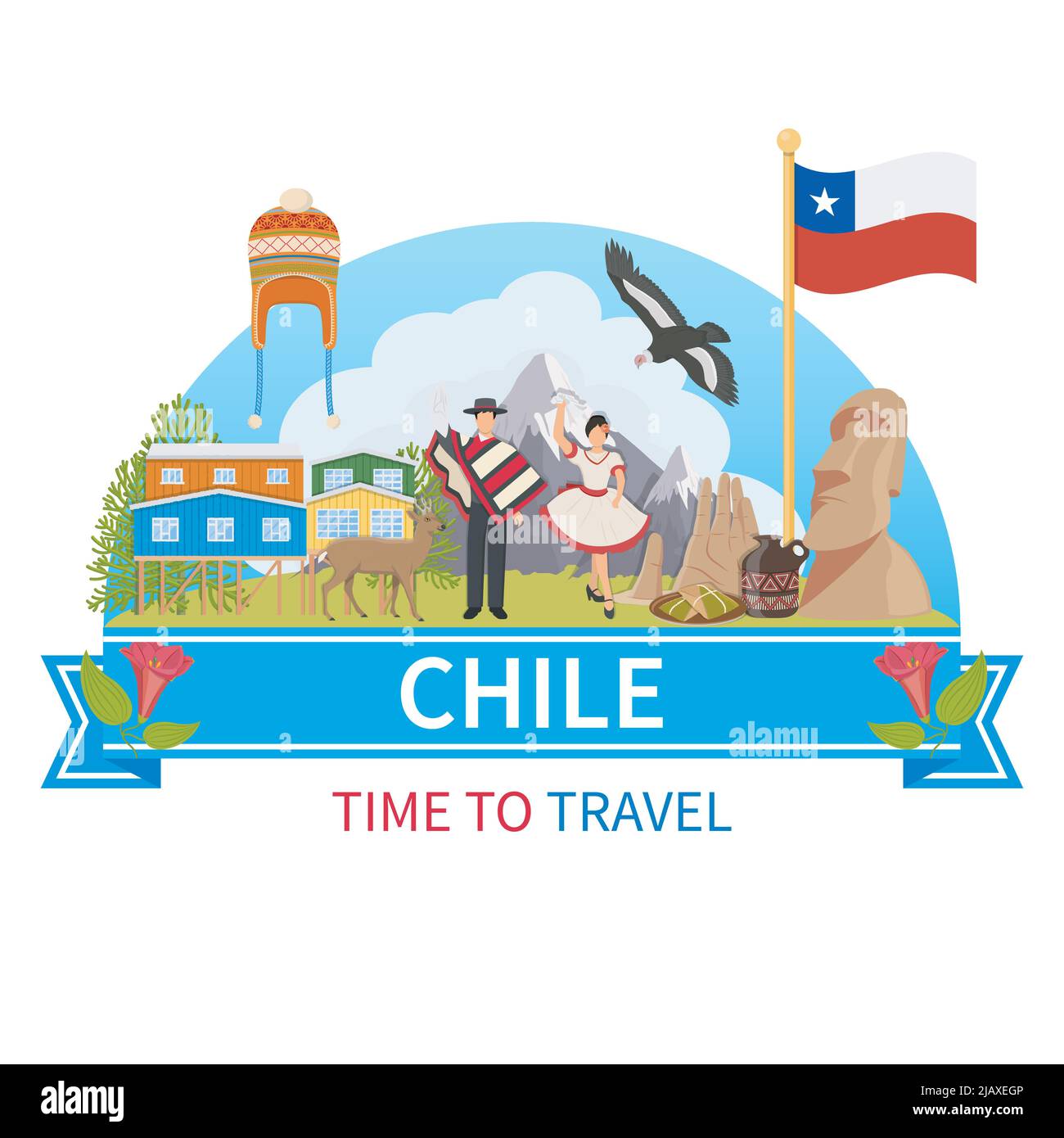 Chile flache Zusammensetzung mit Mann und Frau in ethnischer Kleidung Flora und Fauna des Nationalparks und historische Wahrzeichen Ikonen Vektor-Illustration Stock Vektor