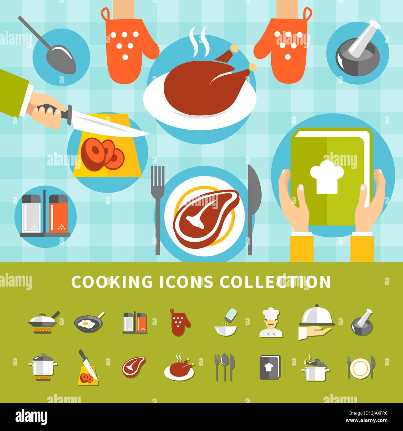 Kochelemente Set mit Küchenutensilien verschiedene Gerichte Mahlzeiten Zutaten Koch Kochbuch in flachem Stil Vektor-Illustration Stock Vektor