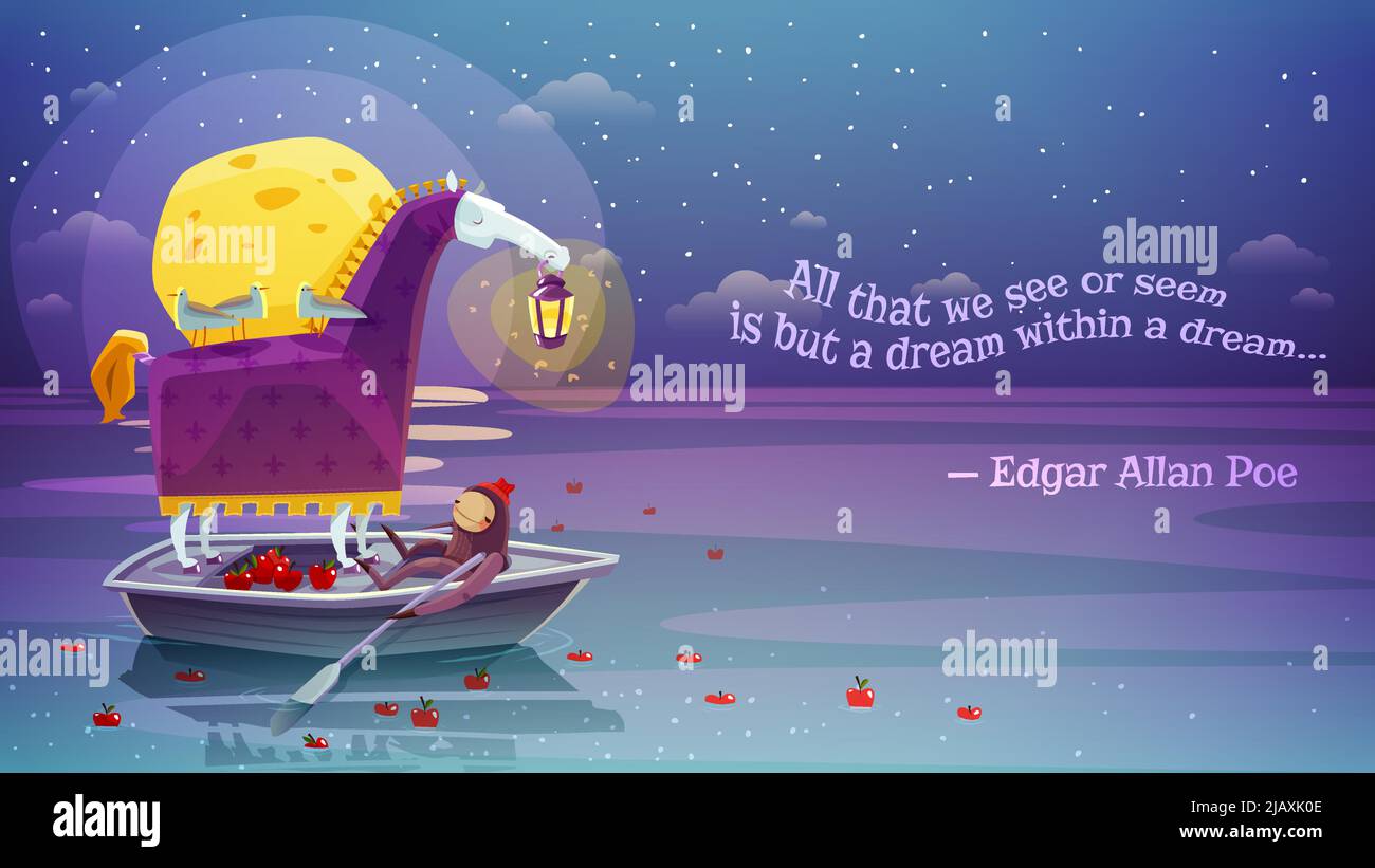 Nachttraum surreal Pferd mit Laterne im Boot mit gelben Mond und Poesie Vers Hintergrund abstrakten Vektor Illustration Stock Vektor