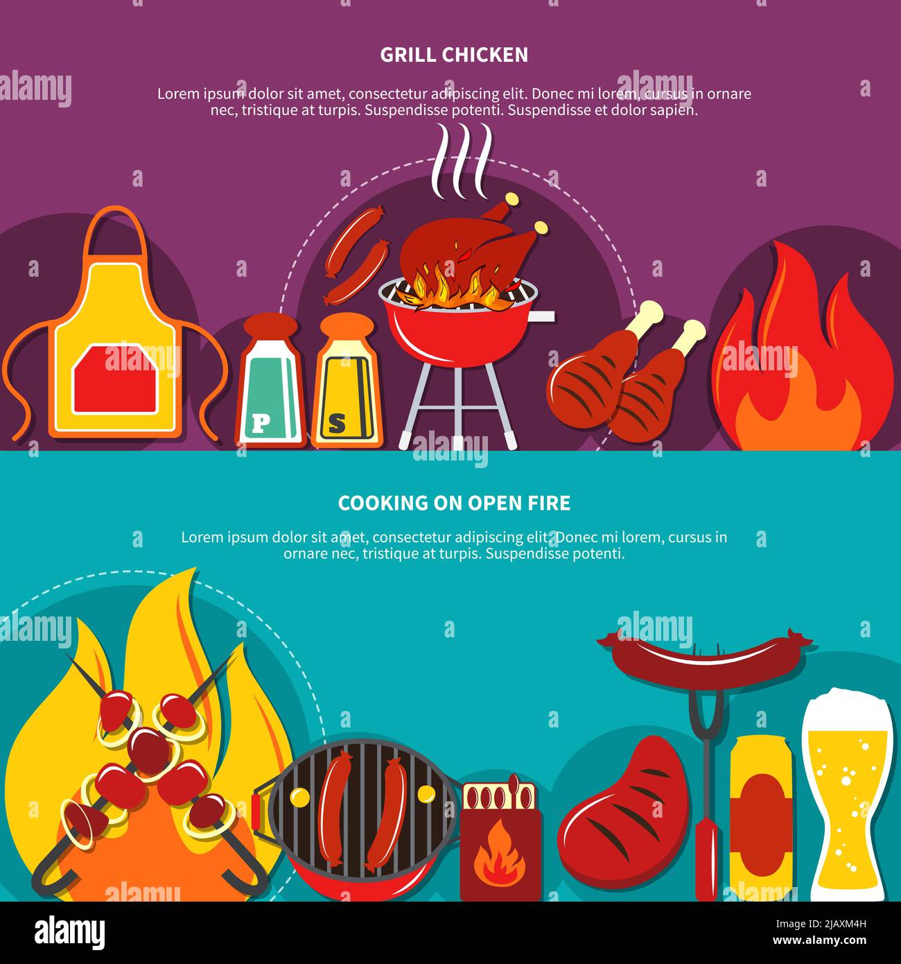 Grill Chiken und Kochen auf offenem Feuer flache Zeichnung wie Gerichte wie Grill Chiken geröstete Mahlzeit Vektor-Illustration Stock Vektor