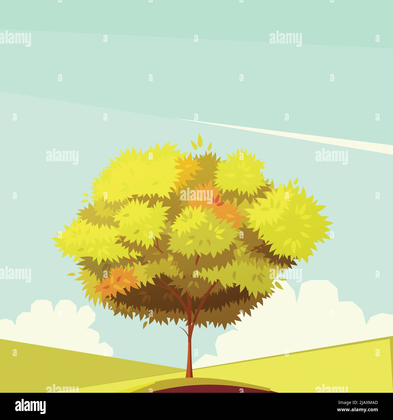 Herbstbaum mit Wurzel auf dem Feld bei sonnigem Wetter Retro Cartoon flache Vektor-Illustration Stock Vektor