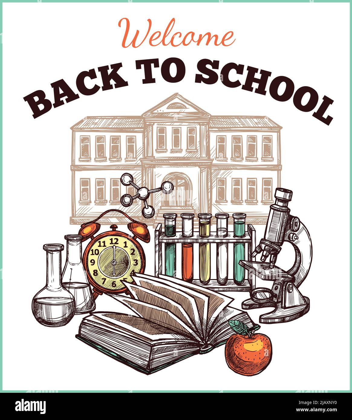 Back to School Poster mit bunten Werkzeugen für das Studium und die Schule im Hintergrund mit blauer Rahmen Skizze handgezeichnete Vektor-Illustration Stock Vektor