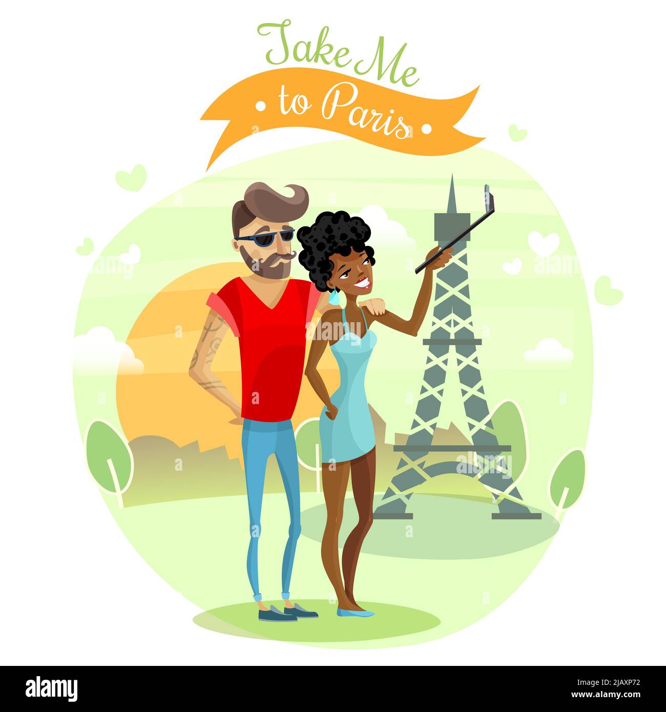 Romantische Reise mit paar Sehenswürdigkeiten und Fotos in Paris Cartoon-Vektor-Illustration Stock Vektor