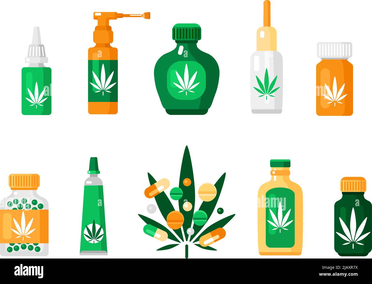 Farbige Apotheke Cannabiszusammensetzung in flachem Stil mit verschiedenen Arten von Drogen und Methoden der Verwendung von Vektor-Illustration Stock Vektor