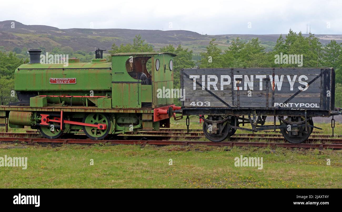The Blaenavon Co Ltd Green Steam Engine, Nora No5 Tirpentwys, Pontypool, in Blaenavon, Torfaen, Wales, Großbritannien Stockfoto