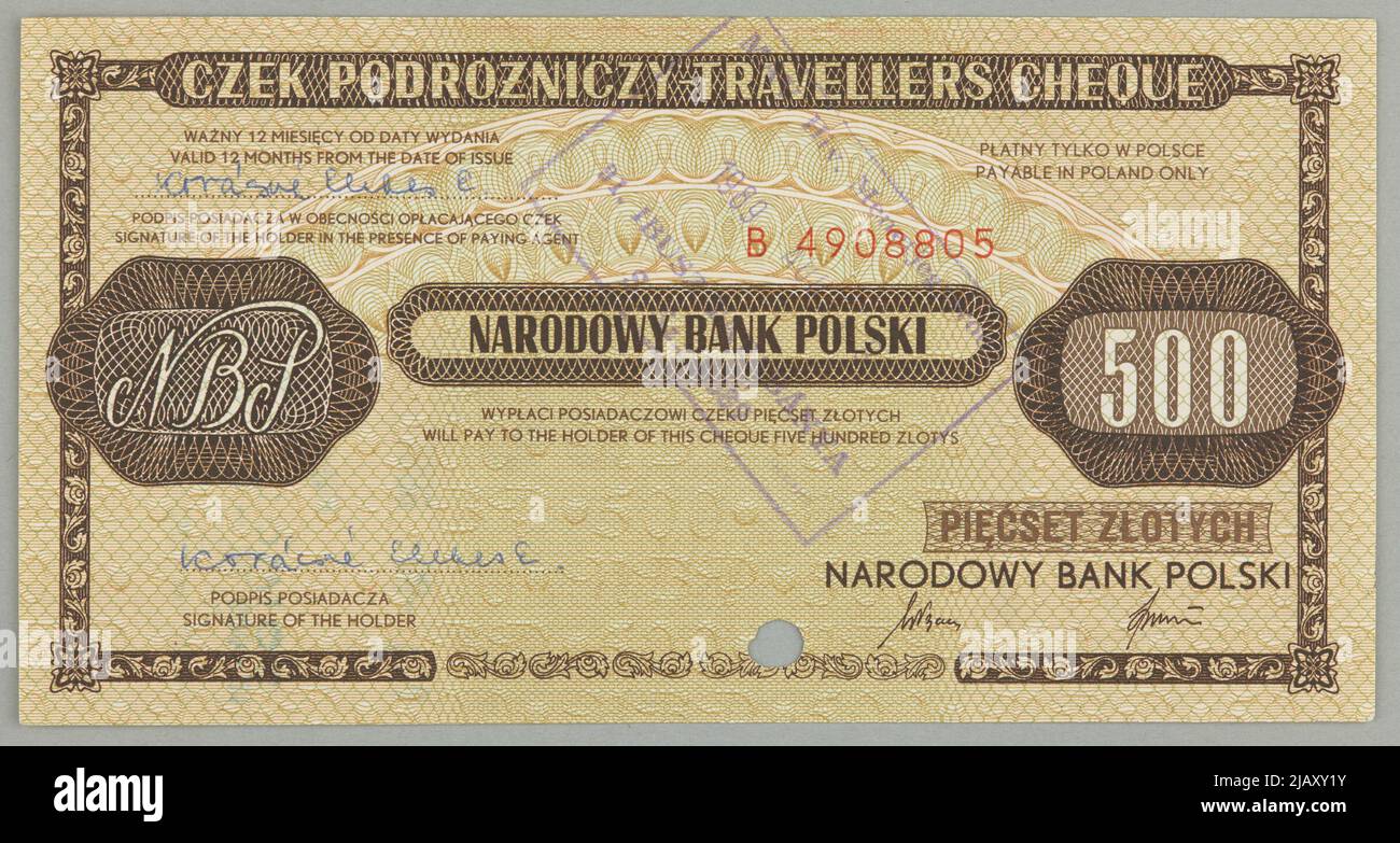 Travellers Check Reisescheck für 500 PLN, Nationalbank von Polen, Katowice, August 1989 Stockfoto