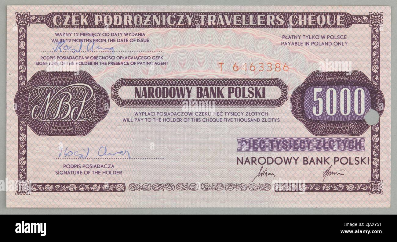 Travellers Check Reisescheck für 5.000 PLN, Nationalbank von Polen, Katowice, August 1989. Stockfoto