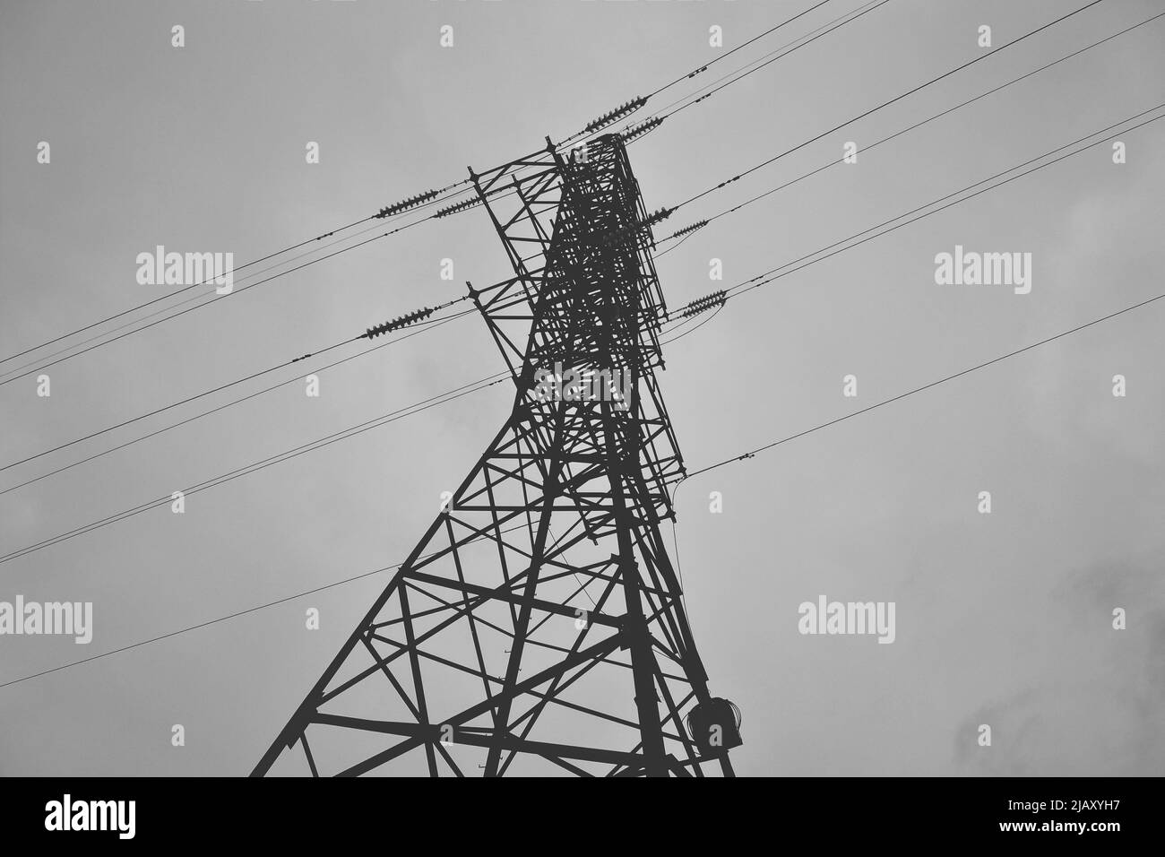 Schwarz-Weiß-Foto von Stromleitungen gegen einen bewölkten Himmel Stockfoto