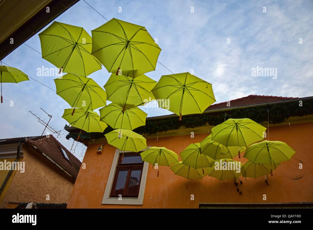 Regenschirme schmücken die Straßen von Szentendre, einer Stadt am Flussufer im Kreis Pest, Ungarn, Stockfoto