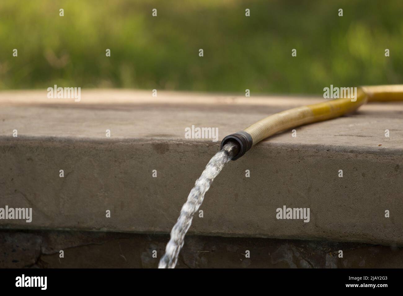 Gartenschlauch, der Wasser in einen Swimmingpool gießt Stockfoto
