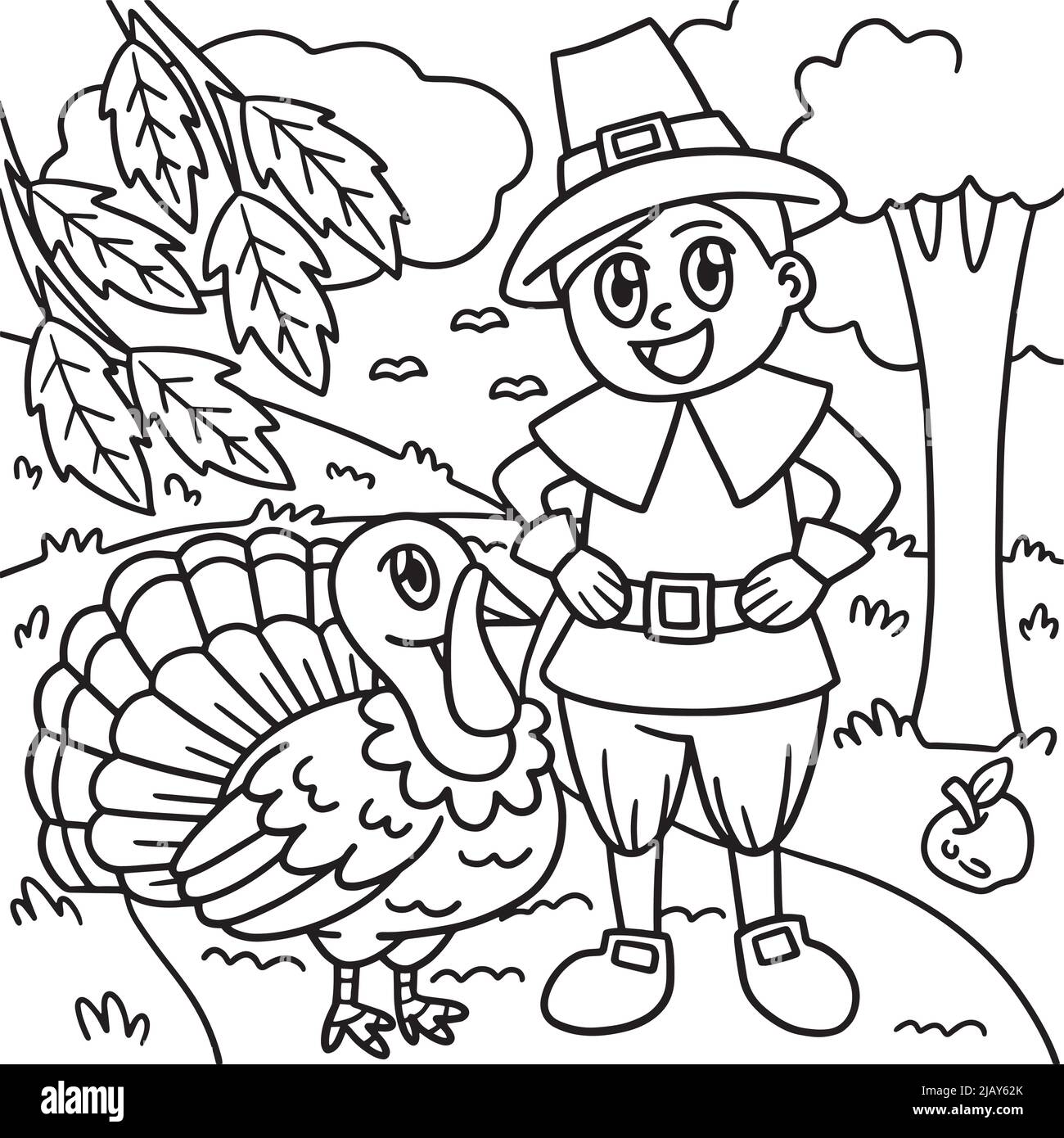 Thanksgiving Pilgrim Boy And Turkey Coloring Page Stock Vektor
