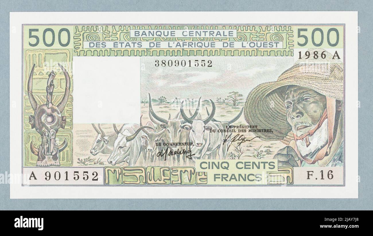 Banknote auf 500 Franken, Zentralbank der westafrikanischen Staaten, Westafrika, (A = Elfenbeinküste), 1986 Stockfoto