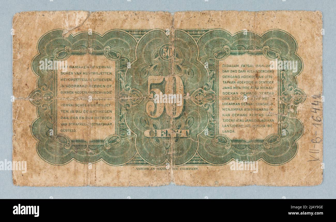 Banknote zu 50 Cent, Nederlandsch Indien, Muntbiljet, Niederländisch Indien, 2.03.1943 American Bank Note Company Stockfoto
