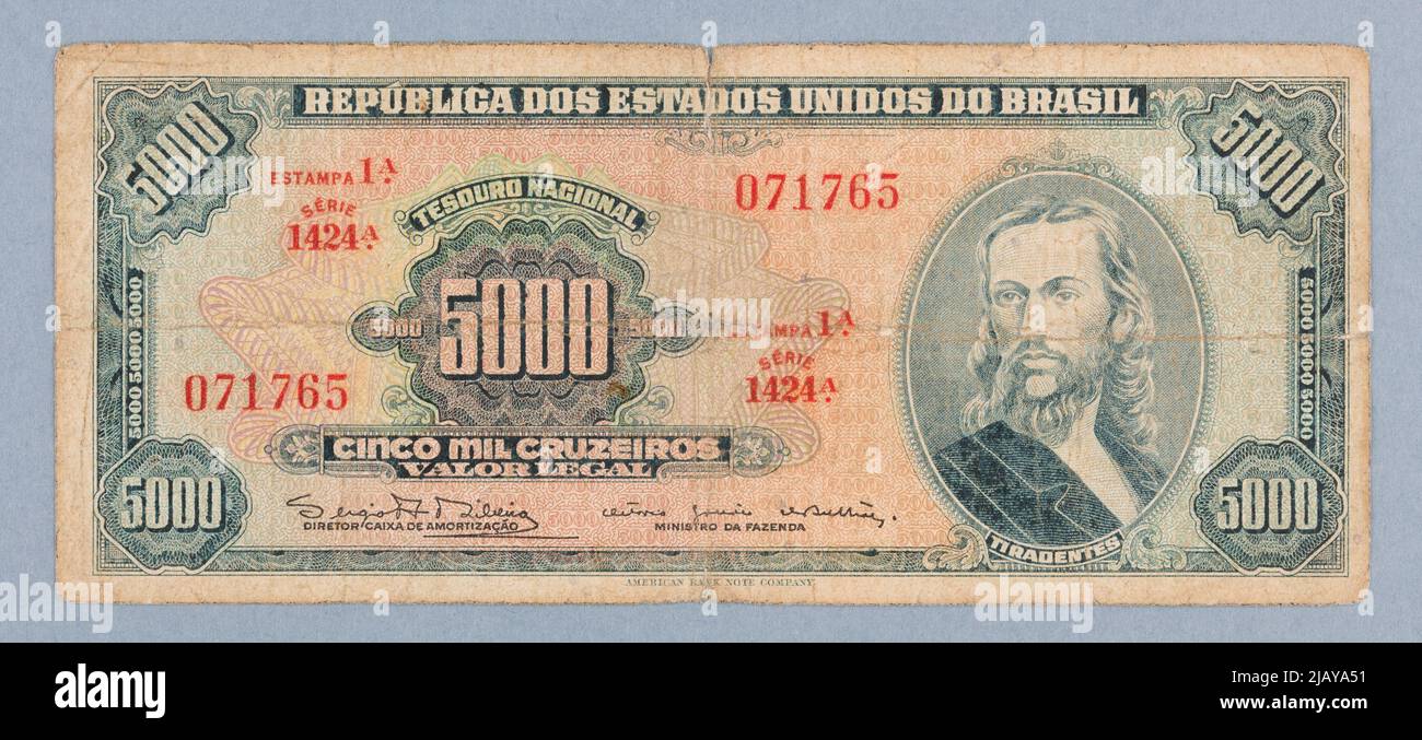 BankNicht bei 5000 Cruises, National Tesor, Value Received, BRAZYLIA, B.R. (1964) American Bank Note Company Stockfoto