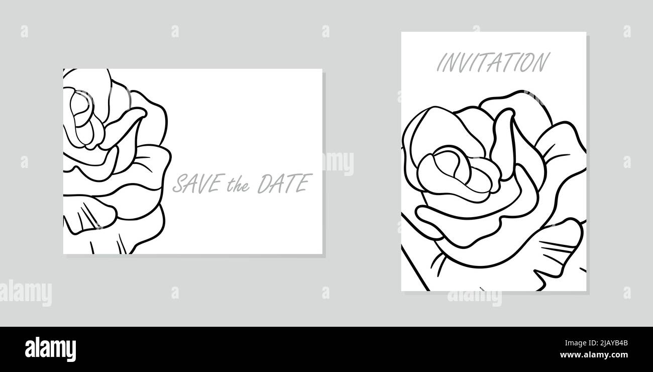 Elegante minimalistische Vorlage Hochzeit Einladung Karte. Blumen schwarz Linie Kunst Tinte Zeichnung. VIP-Deckblatt-Vorlage, speichern Sie das Datumsdesign Stock Vektor