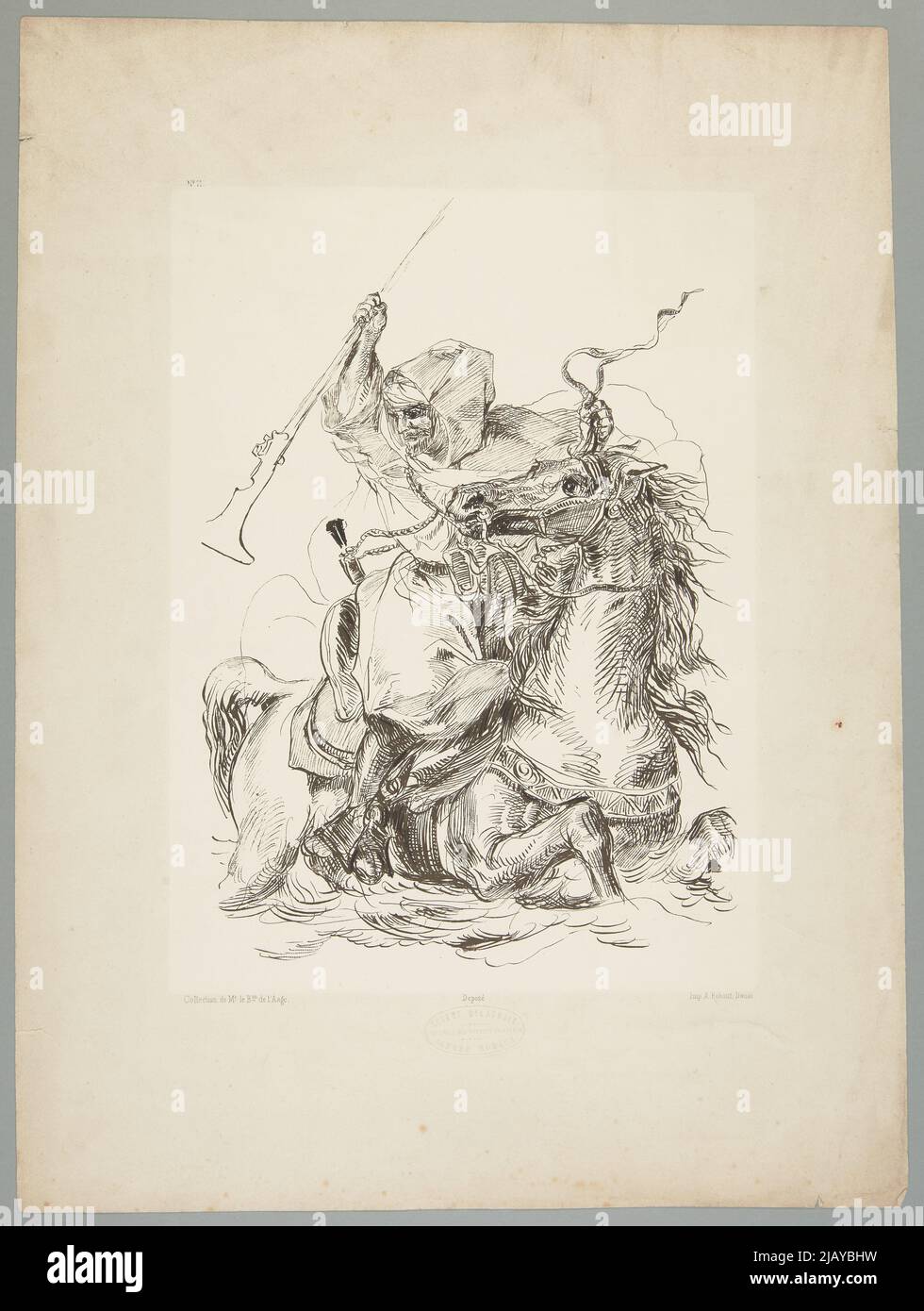 Krieger mit einer Schrotflinte auf einem rasenden Pferd (Alfred Robaut nach Eugene Delacroix) Robaut, Alfred (1830 1909), Robaut, A., Delacroix, Eugène (1798 1863) Stockfoto