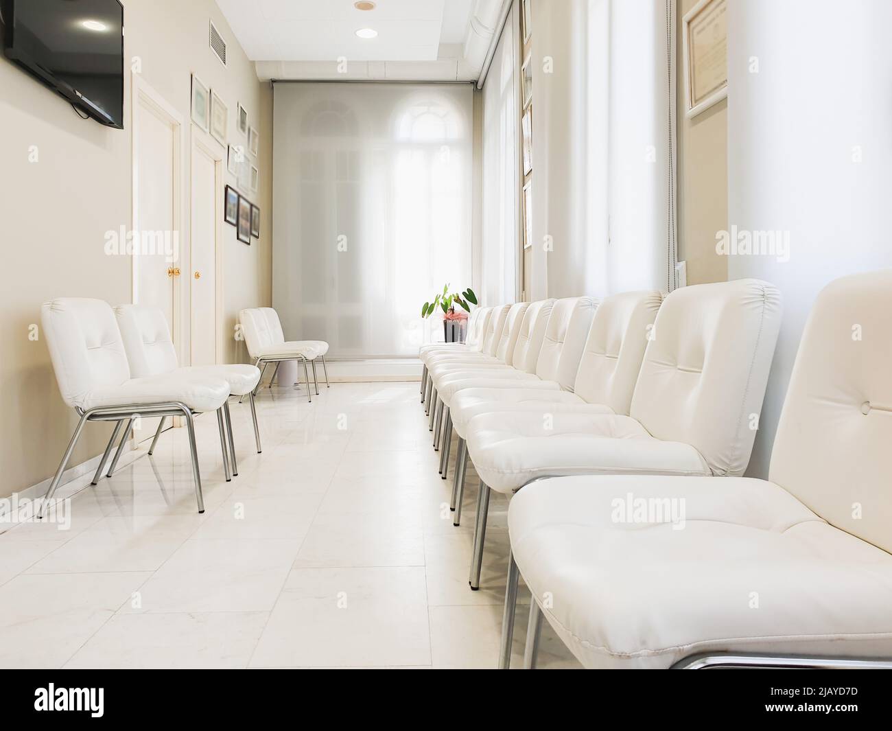 Helles Wartezimmer in privater Zahnklinik, weiße Stühle, Wartehalle innen in privatem Krankenhaus Stockfoto